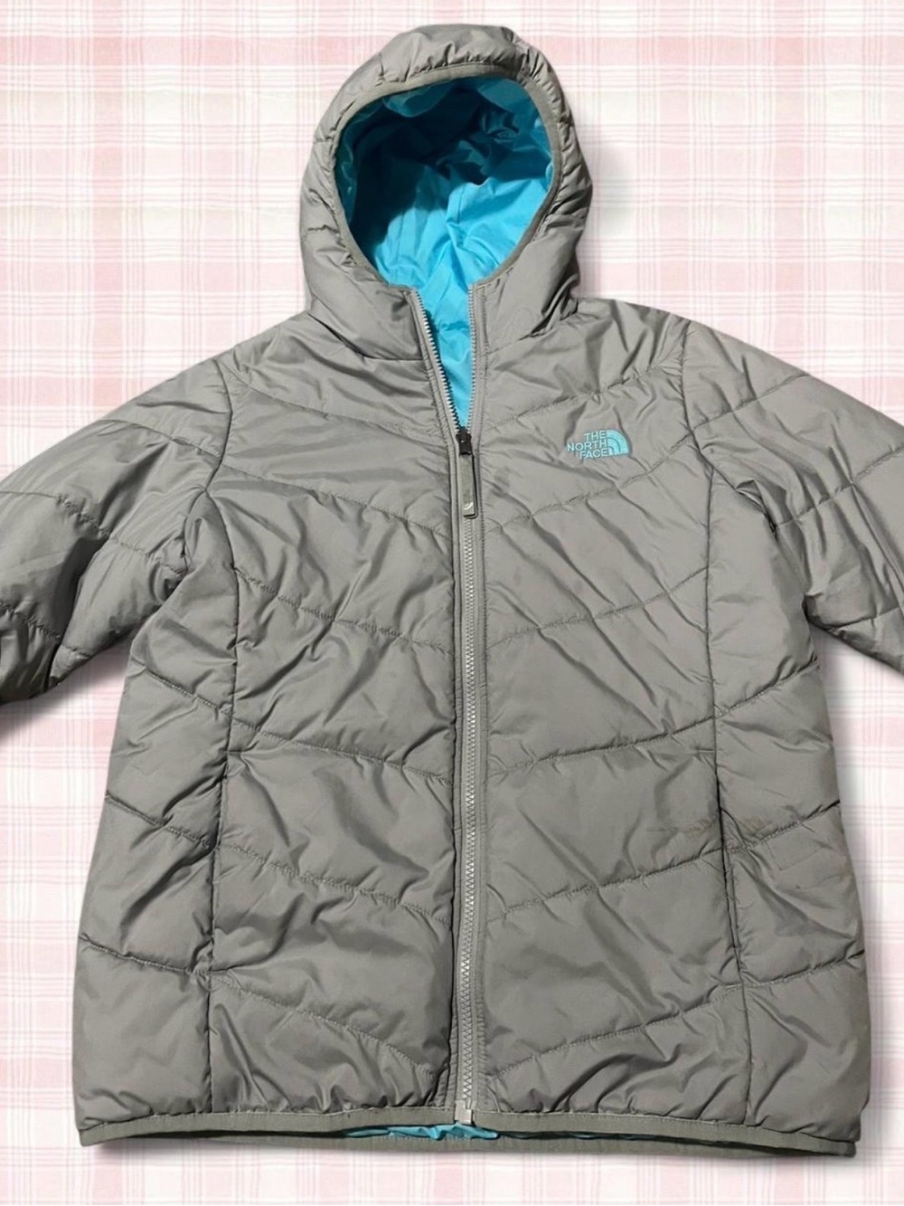 The North Face Kids Gray Puffer Jacket with Bright Blue Lining
